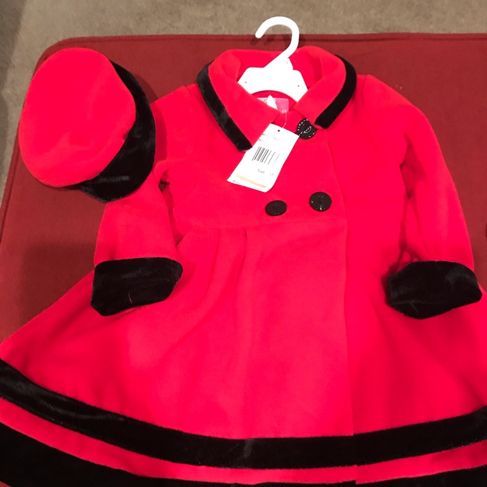 Girl red and black coat with hat. Sz 3t